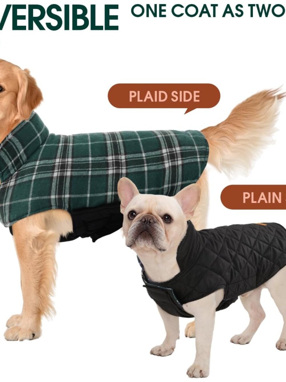 Waterproof Dog Coat, Reversible Dog Jacket for Large Dogs, Green L | Adjustable - Picture 4 of 7